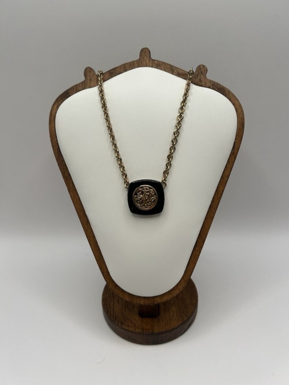 Vintage MONET Necklace Black & Gold Brass Filigree Victorian Revival Pendant 70s